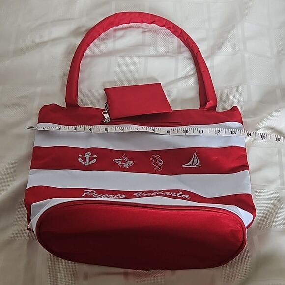 Puerto Vallarta Women's Souvenir Beach Tote With Coin Purse Small Red/ White - Picture 10 of 16